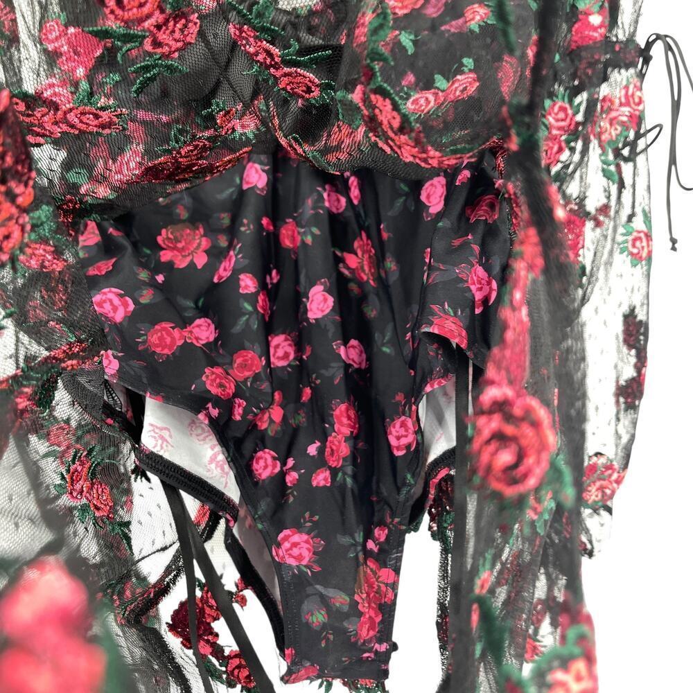 For Love & Lemons Blondie Maxi Dress Roses Mesh Bodysuit Tulle Puff Sleeve Small - Picture 9 of 13